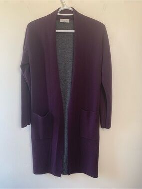 Babaton Open-Front Women's Long Cardigan Sweater - Plum, Pockets, Wool Blend